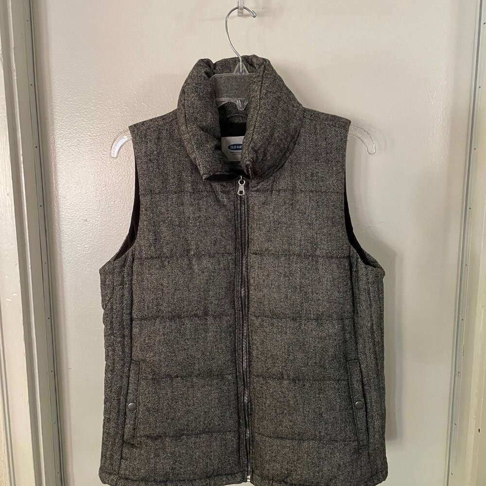 Old Navy Vest Jacket Full Zip Women Size M Gray, Black & White Herringbone